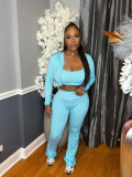 Casual Three-Piece Sports Set: Cardigan Jacket, Cropped Top, and Flared Pants