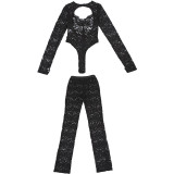Urban Street Style Lace Hollow Out Sheer Tight Pants Set
