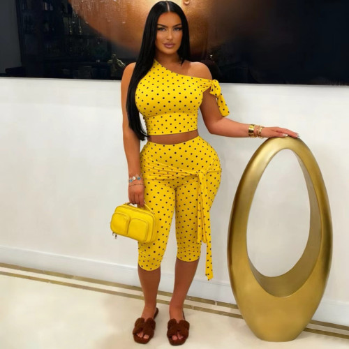 Unique Off-Shoulder Strap Casual Polka Dot Print Two-Piece Set