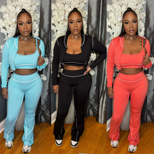 Casual Three-Piece Sports Set: Cardigan Jacket, Cropped Top, and Flared Pants