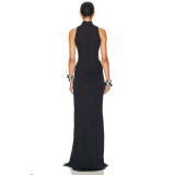 Elegant High-Slit Waist-Cinching Sleeveless Dress