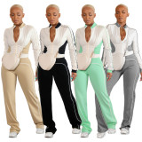 Women's Casual White Color-Blocked Zip-Up Top and Pants Set