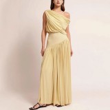 Elegant Asymmetrical Off-Shoulder Waist-Tied Long Yellow Dress