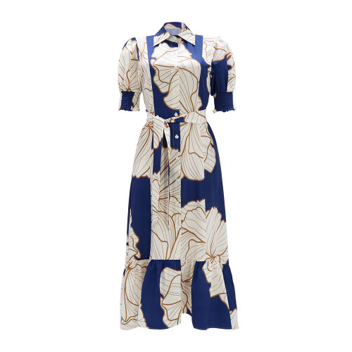 Irregular High-Waisted Shirt-Style Printed Long Dress