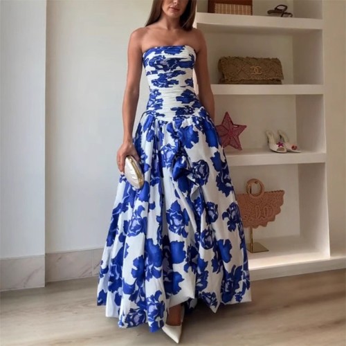 Strapless High-Waisted Pleated Puff Dress