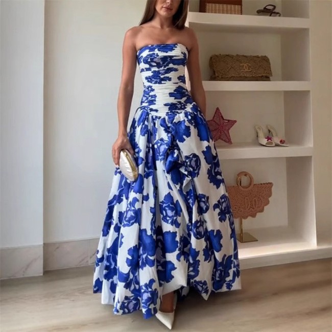 Strapless High-Waisted Pleated Puff Dress