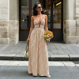 Deep V-Neck Striped Backless Halter Maxi Dress