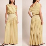 Elegant Asymmetrical Off-Shoulder Waist-Tied Long Yellow Dress