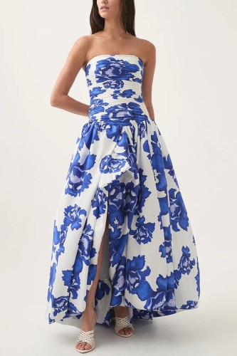 Strapless High-Waisted Pleated Puff Dress