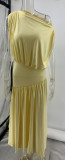 Elegant Asymmetrical Off-Shoulder Waist-Tied Long Yellow Dress