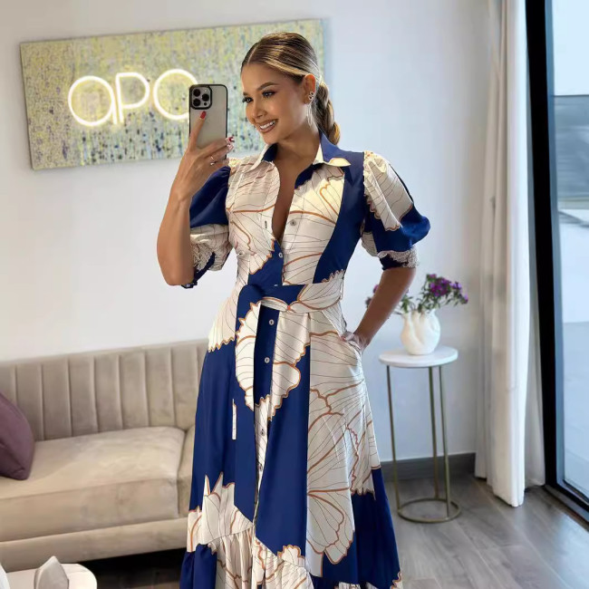 Irregular High-Waisted Shirt-Style Printed Long Dress