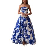 Strapless High-Waisted Pleated Puff Dress