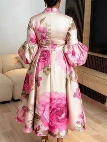 High-Neck Puff Sleeve Floral Dress