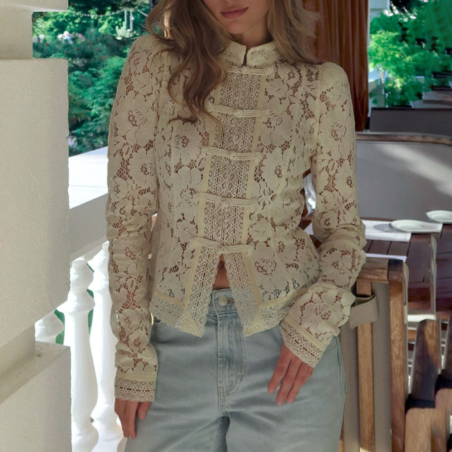 Lace Embroidered Stand Collar Slim Fit Shirt