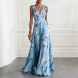 Tulip Print V-Neck Sleeveless Maxi Dress