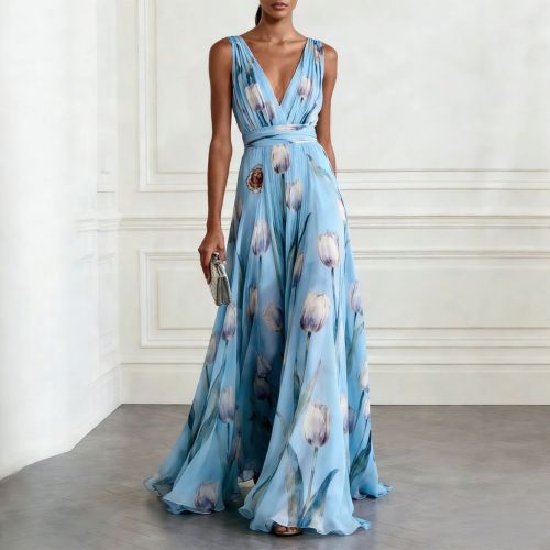 Tulip Print V-Neck Sleeveless Maxi Dress