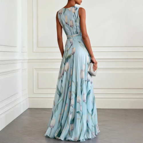 Tulip Print V-Neck Sleeveless Maxi Dress