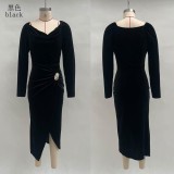 Ruched Velvet Bodycon Maxi Dress with Side Slit