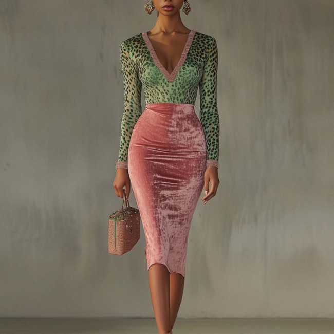 Velvet Patchwork Bodycon High-Waist Dress