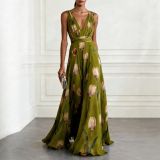 Tulip Print V-Neck Sleeveless Maxi Dress