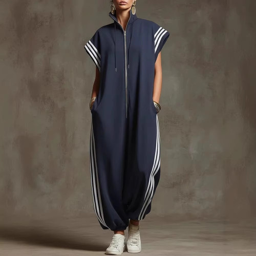 Unique Zipper Stand Collar Striped Color Block Fashion Jumpsuit