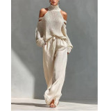 Solid Color Long Sleeve High Neck Top and Pants Set