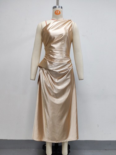 High Stretch Satin Sleeveless Asymmetric Waist-Cinched Midi Dress