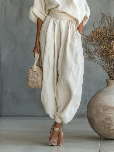 Solid Color Off-Shoulder Pocket Versatile Loose Two-Piece Set