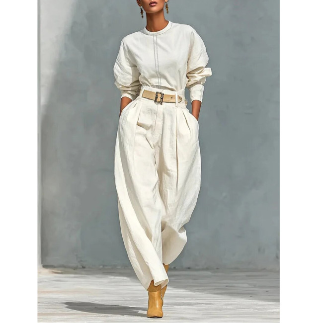 Minimalist Loose Top and Harem Wide-Leg Pants Set with Belt