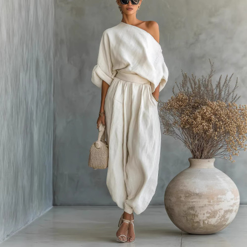 Solid Color Off-Shoulder Pocket Versatile Loose Two-Piece Set