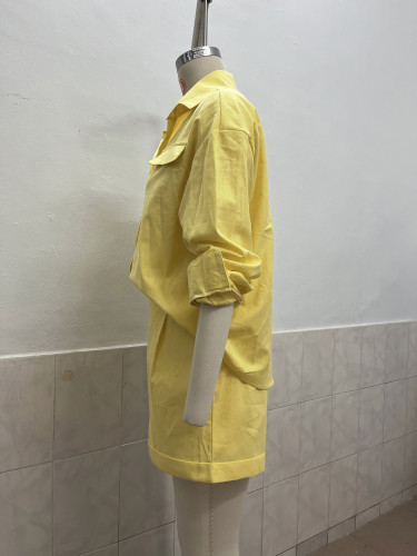 Solid Color Cotton-Linen Loose Button-Up Shirt and Shorts Set