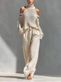 Solid Color Long Sleeve High Neck Top and Pants Set
