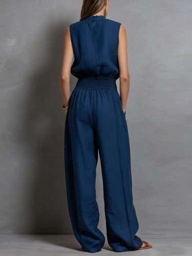 Trendy Street Style Loose Sleeveless Waist-Cinched Wide-Leg Jumpsuit