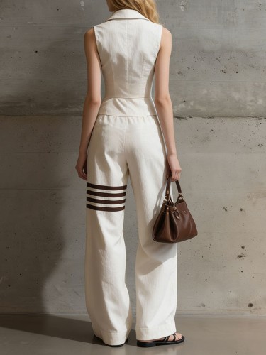 Sleeveless Button-Up Waist-Cinched Shirt and Straight-Leg Wide-Leg Pants Fashion Casual Set
