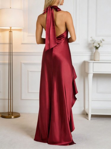 Satin Tie Neck Halter Side Slit Ruffle Hem Long Evening Dress