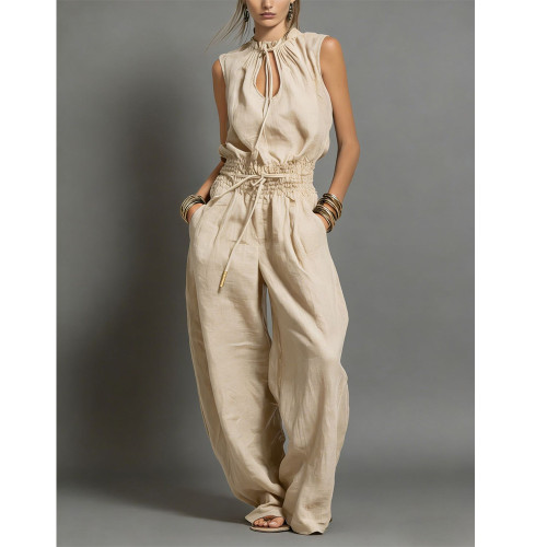 Trendy Street Style Loose Sleeveless Waist-Cinched Wide-Leg Jumpsuit