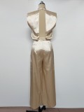 Solid Color Stand Collar Sleeveless Loose Satin Backless Wide-Leg Jumpsuit