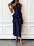 High Stretch Satin Sleeveless Asymmetric Waist-Cinched Midi Dress