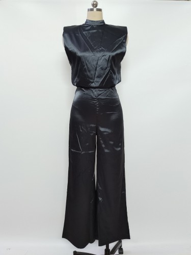 Solid Color Stand Collar Sleeveless Loose Satin Backless Wide-Leg Jumpsuit