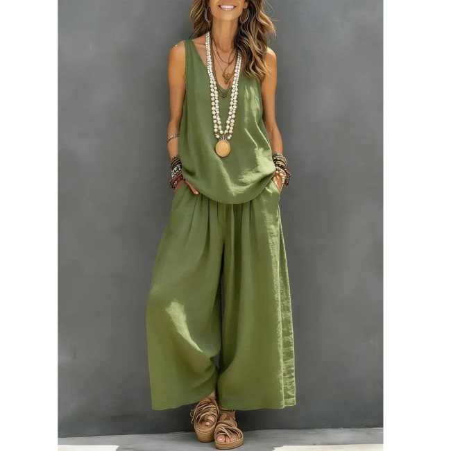 Solid Color V-Neck Tank Top and Long Pants Set