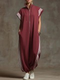 Unique Zipper Stand Collar Striped Color Block Fashion Jumpsuit