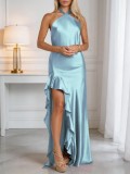 Satin Tie Neck Halter Side Slit Ruffle Hem Long Evening Dress