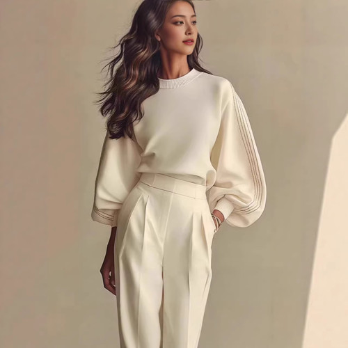 Round Neck Pullover Long Sleeve Women's Sweatshirt Set