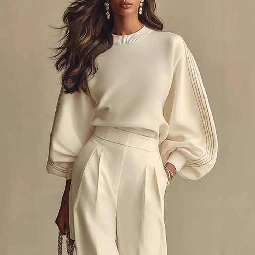 Round Neck Pullover Long Sleeve Women's Sweatshirt Set