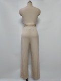 Knit Casual Sleeveless Round Neck Fitted Crop Top and Wide-Leg Pants Set