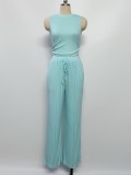 Knit Casual Sleeveless Round Neck Fitted Crop Top and Wide-Leg Pants Set