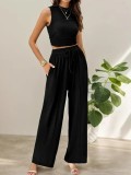 Knit Casual Sleeveless Round Neck Fitted Crop Top and Wide-Leg Pants Set