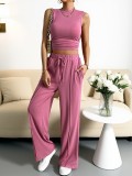 Knit Casual Sleeveless Round Neck Fitted Crop Top and Wide-Leg Pants Set