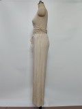 Knit Casual Sleeveless Round Neck Fitted Crop Top and Wide-Leg Pants Set