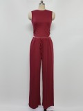 Knit Casual Sleeveless Round Neck Fitted Crop Top and Wide-Leg Pants Set